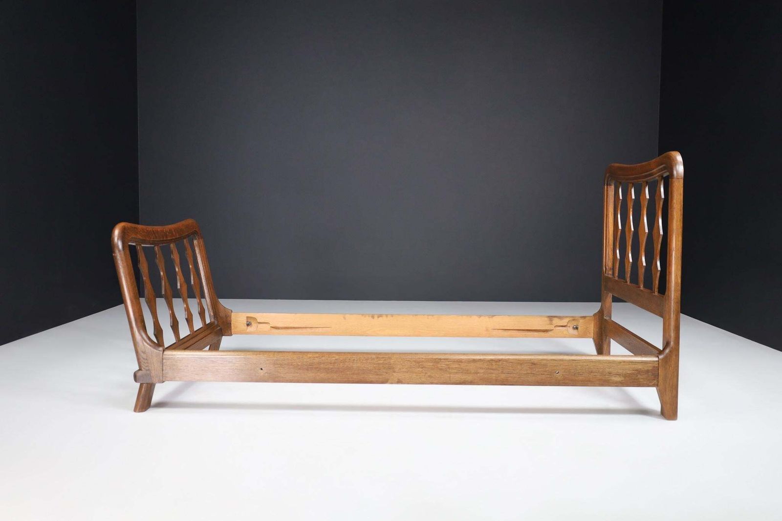 Mid Century Modern Guillerme & Chambron Bed Frame In Solid Oak, France 1960s photo vintage