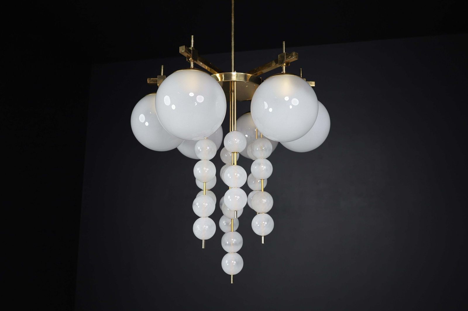 Brass Chandelier With Frosted Glass Globes, Czechia 1950s photo furniture