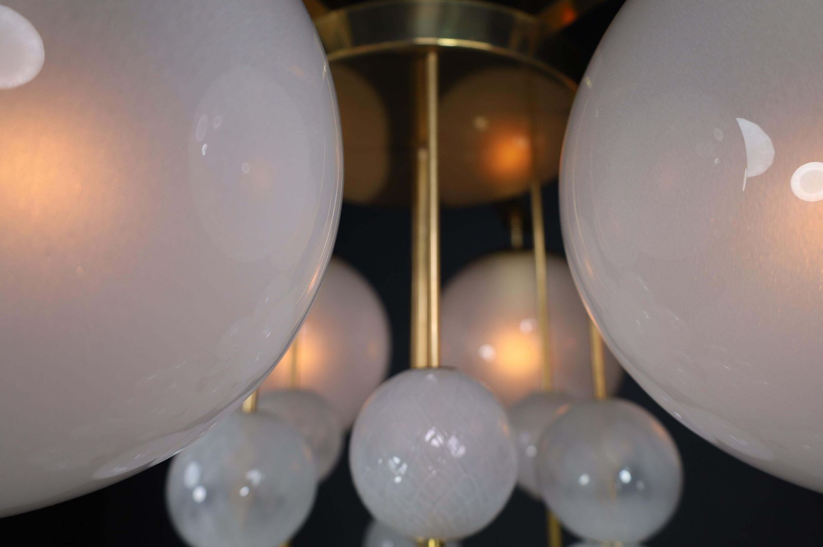 photo for sale Brass Chandelier With Frosted Glass Globes, Czechia 1950s