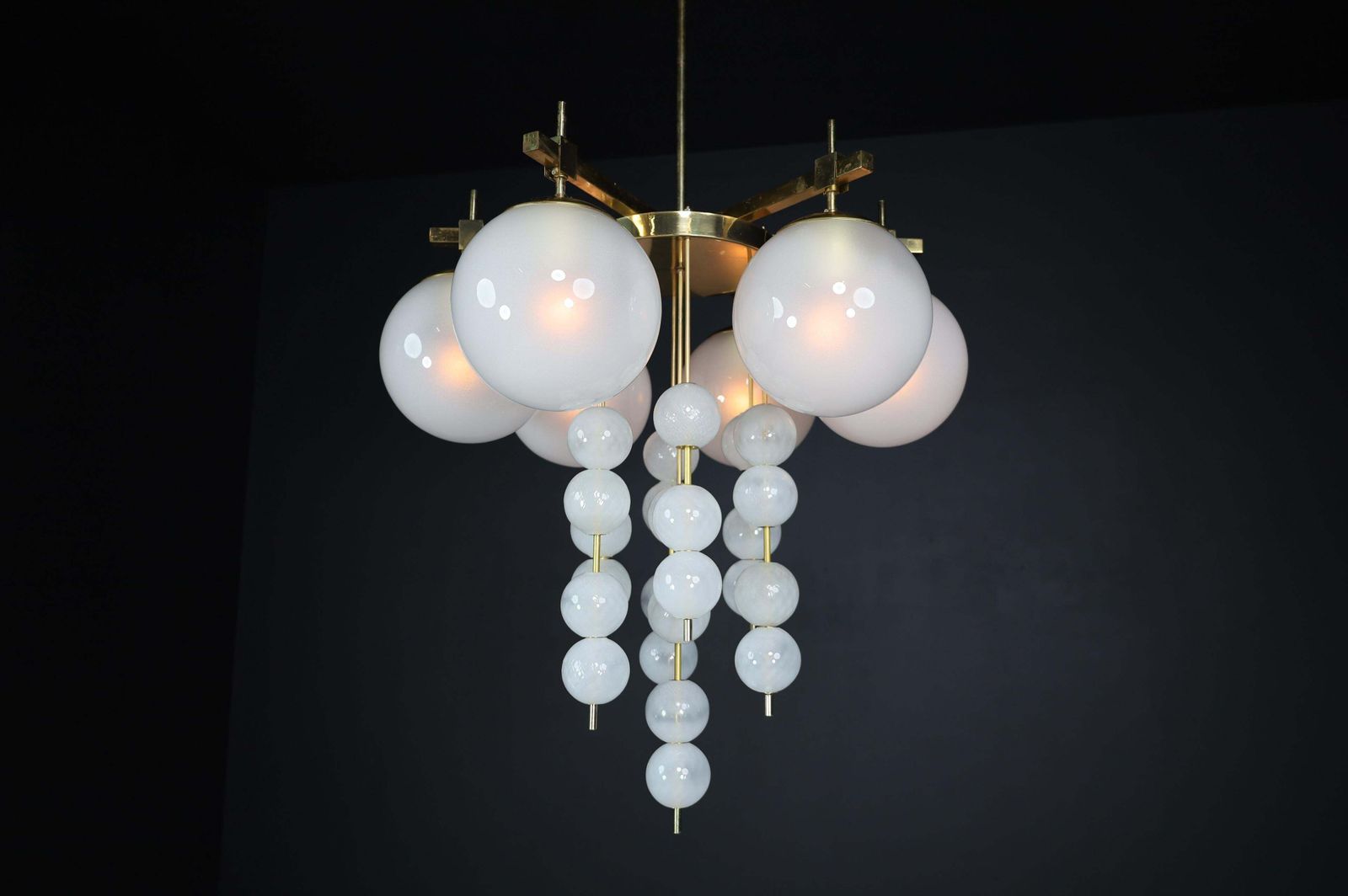4266.0 Brass Chandelier With Frosted Glass Globes, Czechia 1950s photo