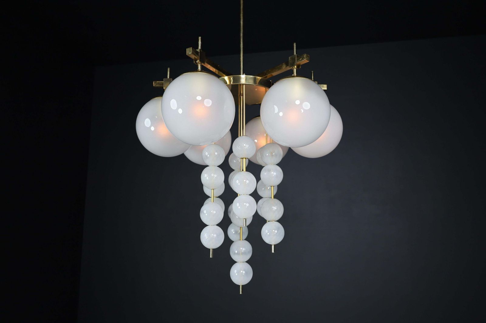 photo vinterior Brass Chandelier With Frosted Glass Globes, Czechia 1950s