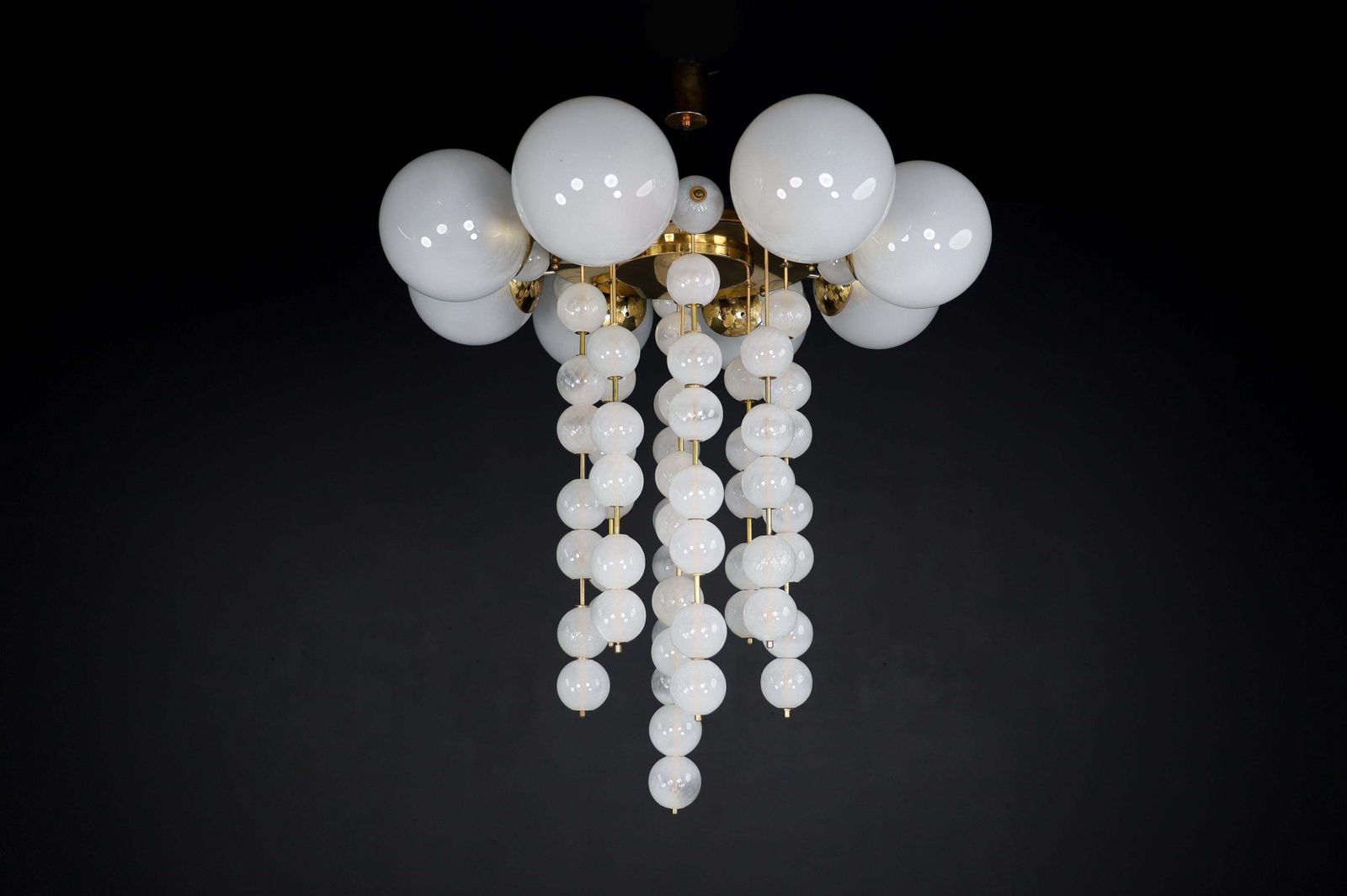 Set Of Five Grand Czech Chandeliers, Brass & Hand Blown Frosted Glass, 1960s photo vintage