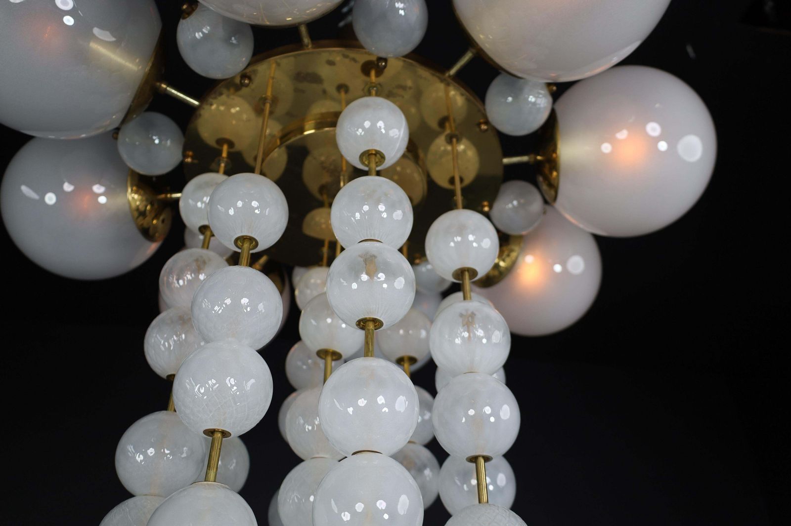 photo for sale Set Of Five Grand Czech Chandeliers, Brass & Hand Blown Frosted Glass, 1960s