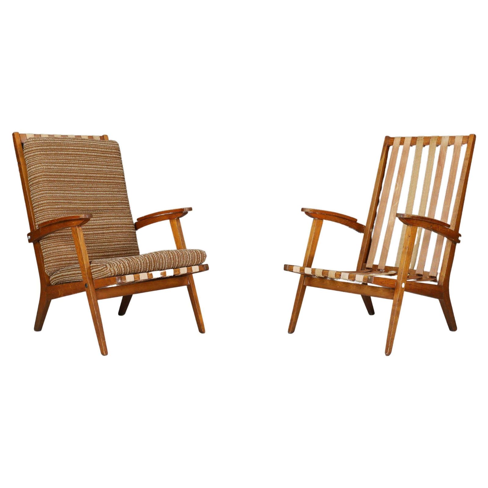 Oak Sculptural Lounge Chairs With Brown Upholstery, France, 1950s