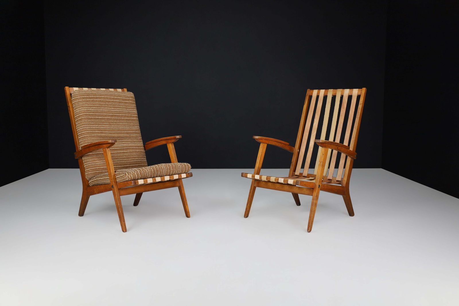 Oak Sculptural Lounge Chairs With Brown Upholstery, France, 1950s photo furniture