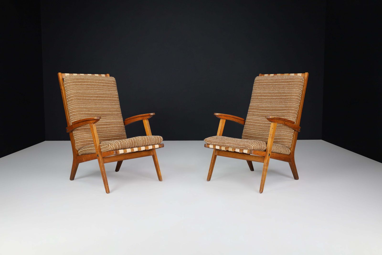 Oak Sculptural Lounge Chairs With Brown Upholstery, France, 1950s photo for sale