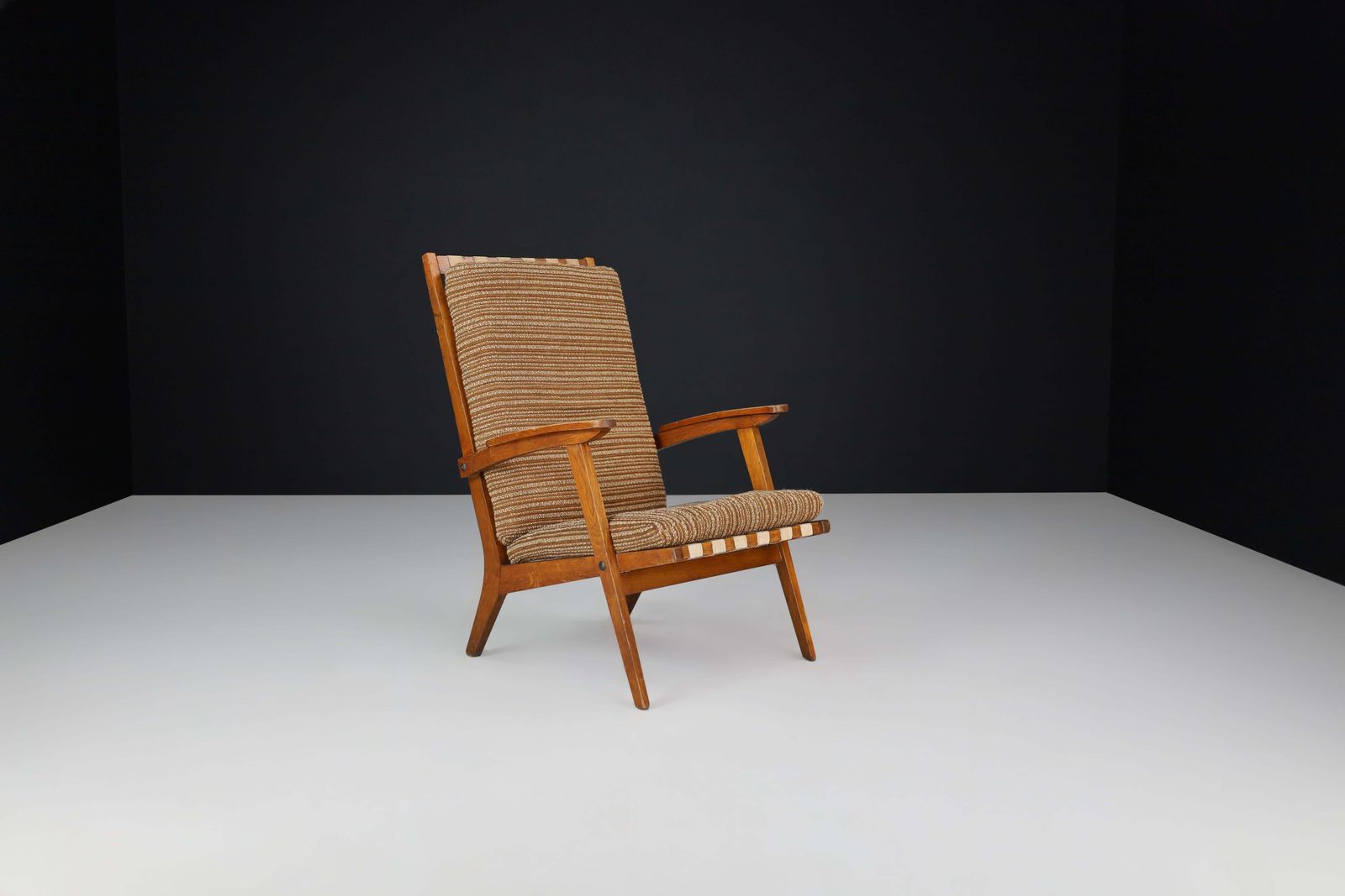 photo for sale Oak Sculptural Lounge Chairs With Brown Upholstery, France, 1950s