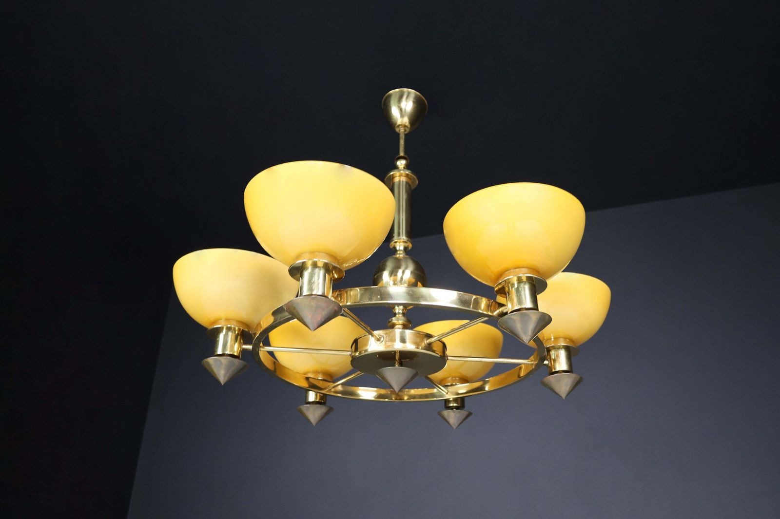 Xl Brass And Amber/Gold Opaline Glass Chandeliers, Italy, 1970s (2 Available) photo 3649.0