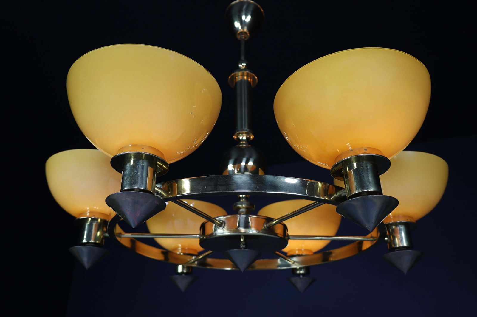 Xl Brass And Amber/Gold Opaline Glass Chandeliers, Italy, 1970s (2 Available) photo vinterior