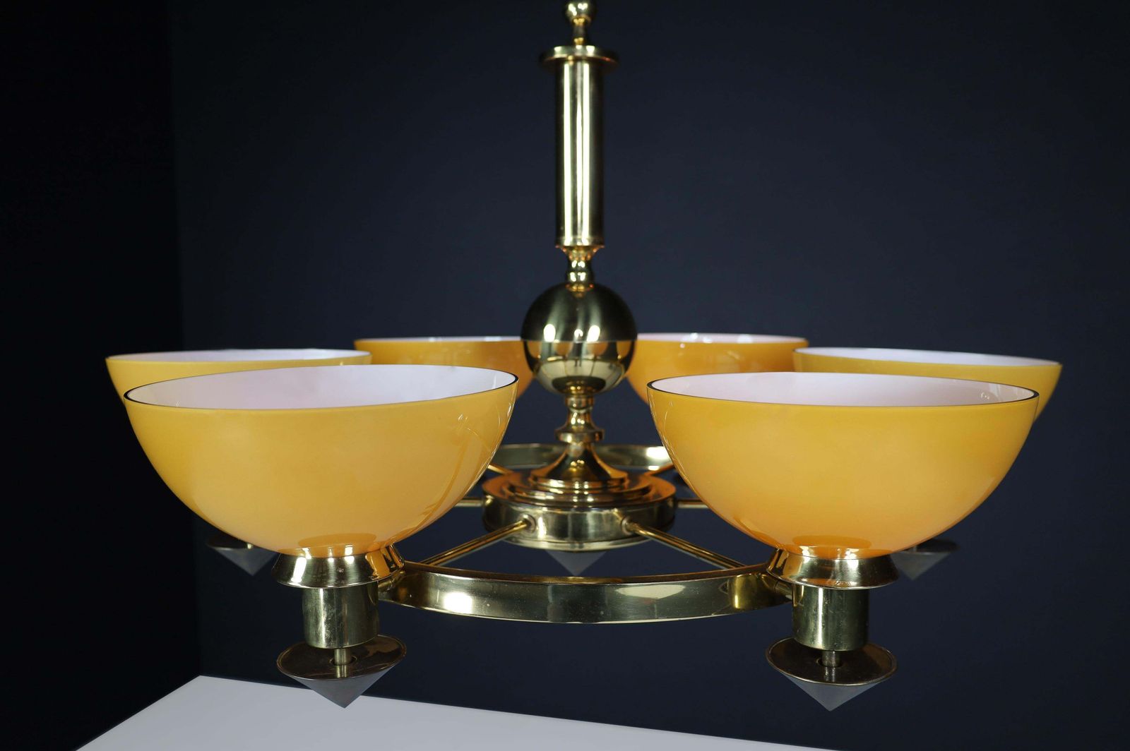 photo furniture Xl Brass And Amber/Gold Opaline Glass Chandeliers, Italy, 1970s (2 Available)