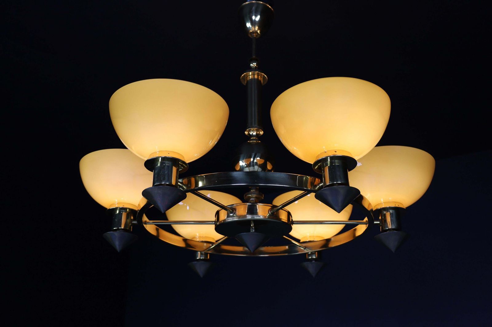 photo buy Xl Brass And Amber/Gold Opaline Glass Chandeliers, Italy, 1970s (2 Available)