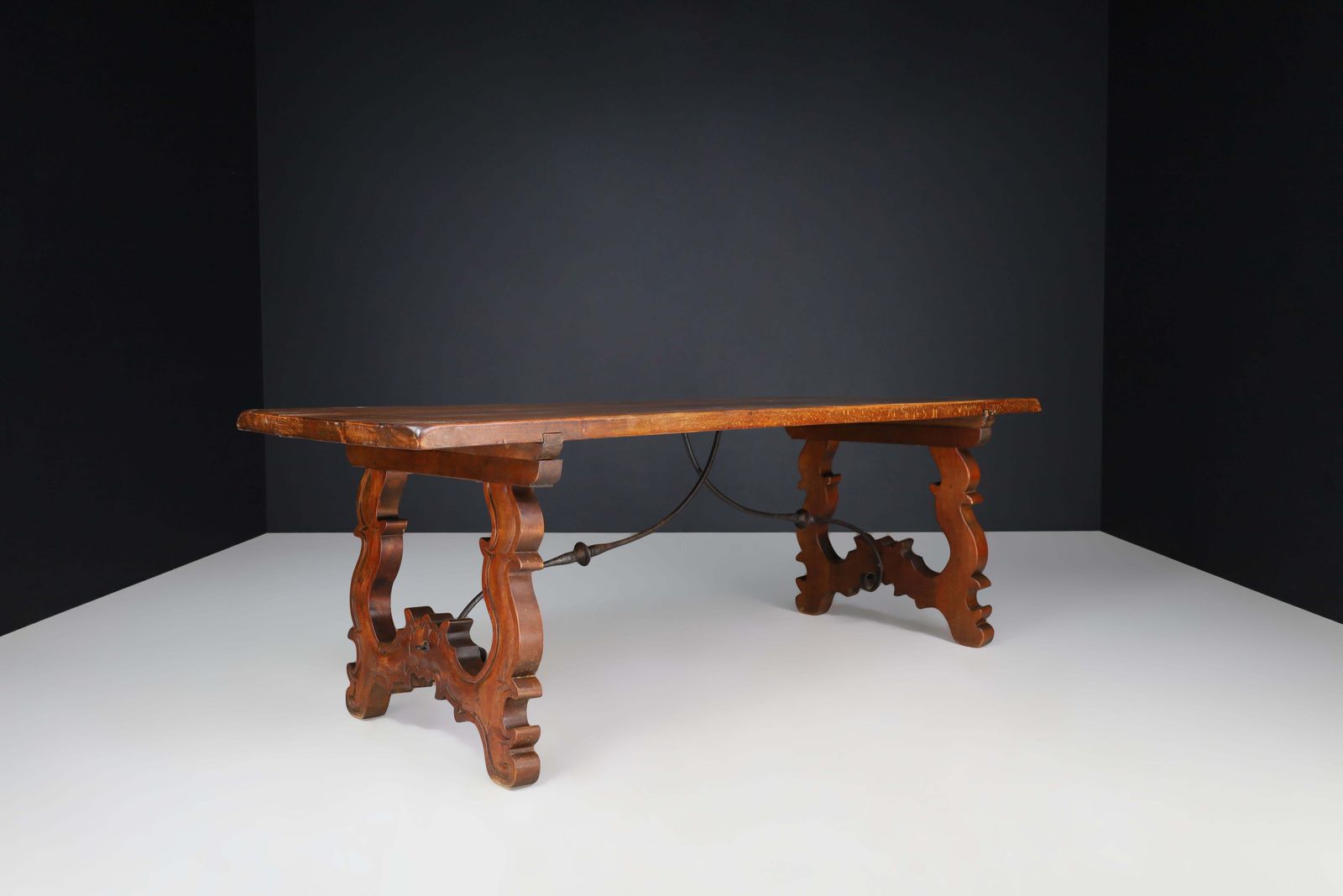 Antique Spanish Baroque Style Refectory Table With Carved Legs & Iron Stretcher photo Furniture