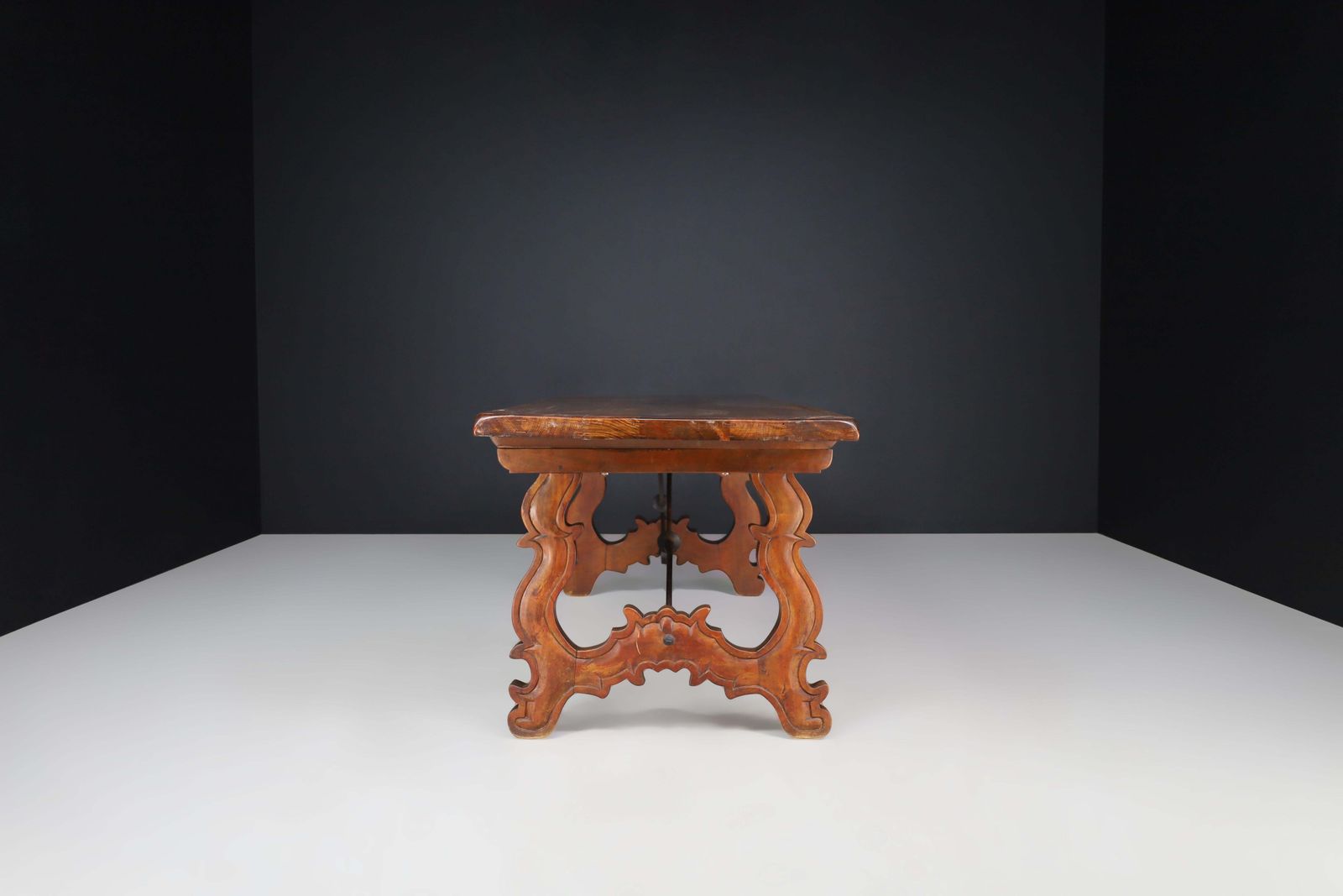 Antique Spanish Baroque Style Refectory Table With Carved Legs & Iron Stretcher photo 4127.0
