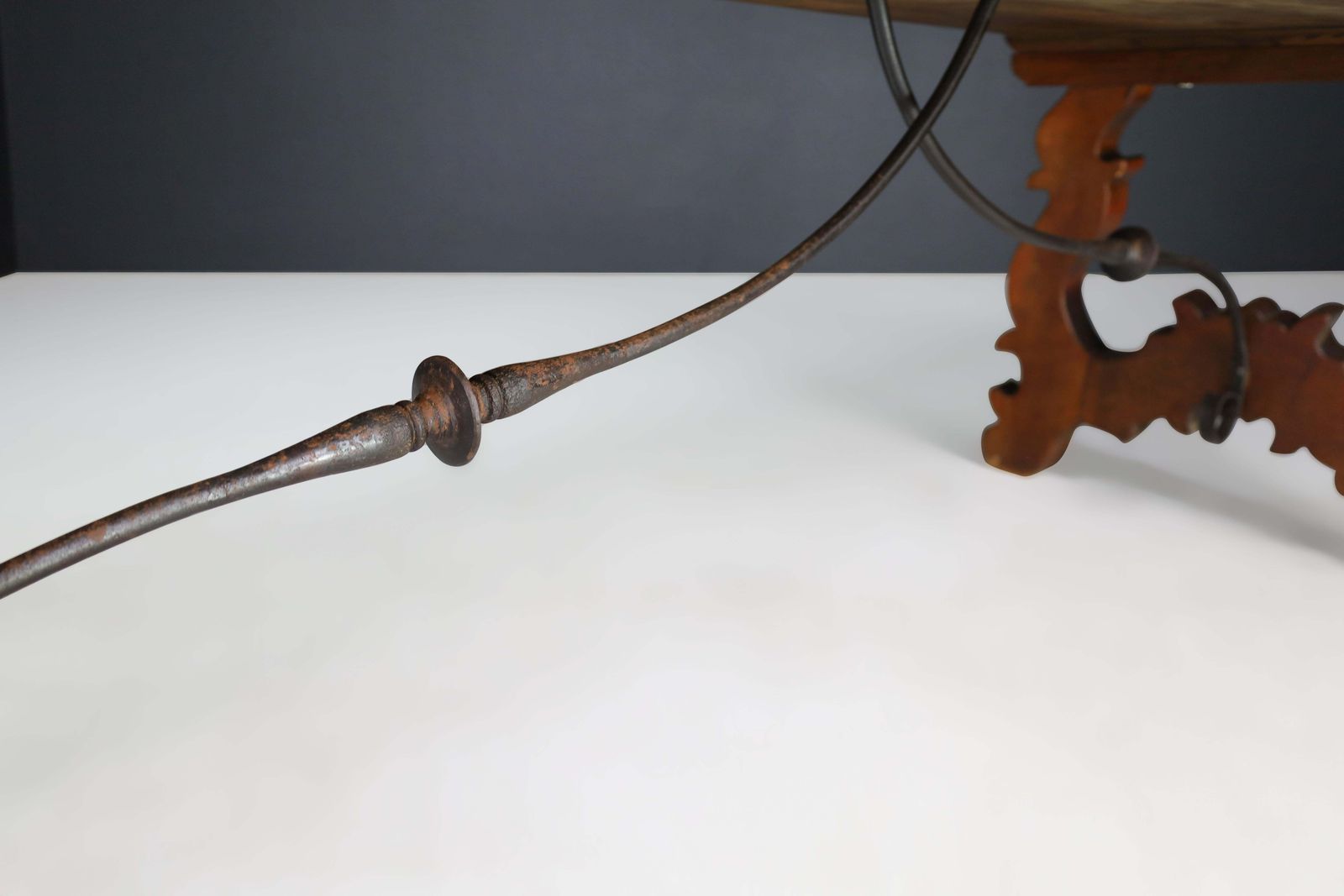 Furniture Antique Spanish Baroque Style Refectory Table With Carved Legs & Iron Stretcher photo