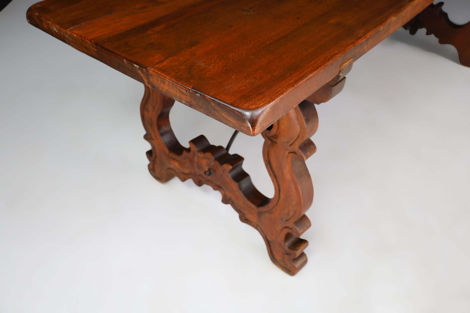 4127.0 Antique Spanish Baroque Style Refectory Table With Carved Legs & Iron Stretcher photo