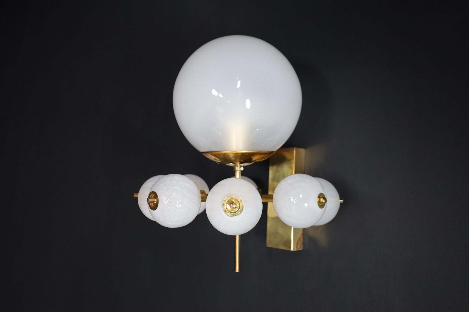 Mid Century Wall Lights With Brass Fixture & Hand Blown Pearl White Glass Globes photo Lighting