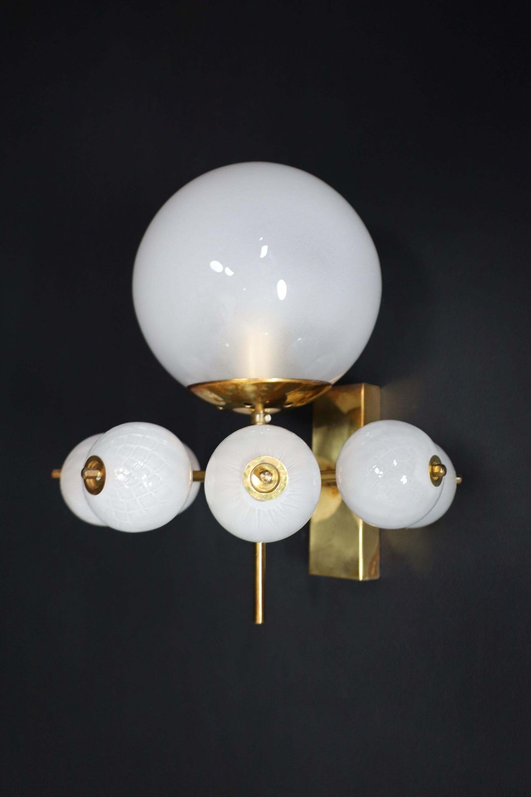 Mid Century Wall Lights With Brass Fixture & Hand Blown Pearl White Glass Globes photo buy
