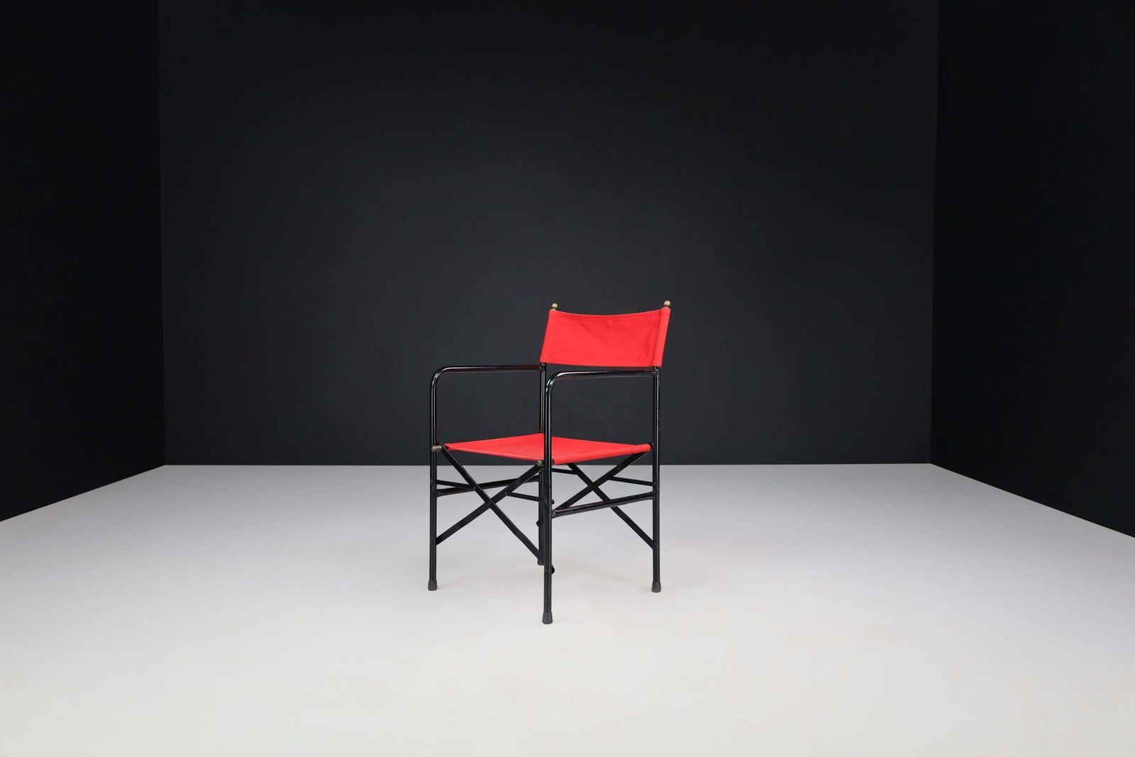 Director’s Folding Chair In Lacquered Steel Frame, Brass, Red Canvas Seat 1980s photo vinterior