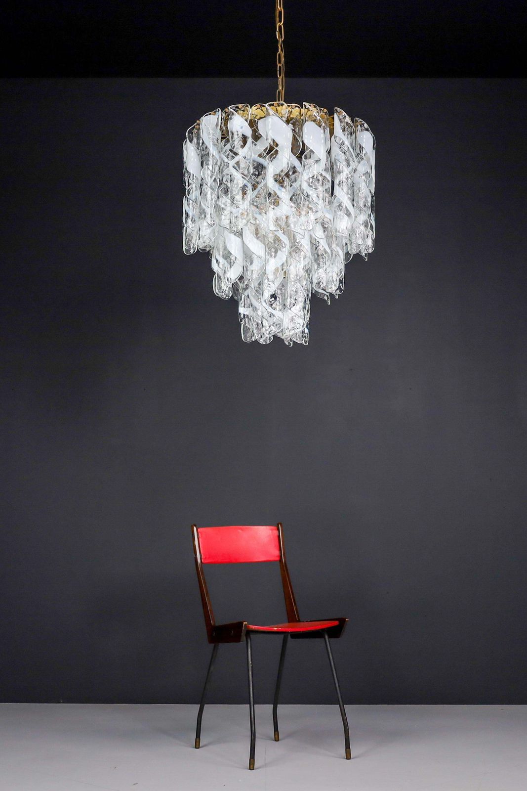 Large Brass Chandelier With 'Torciglioni' Glass By Mazzega, Italy 1970s photo for sale