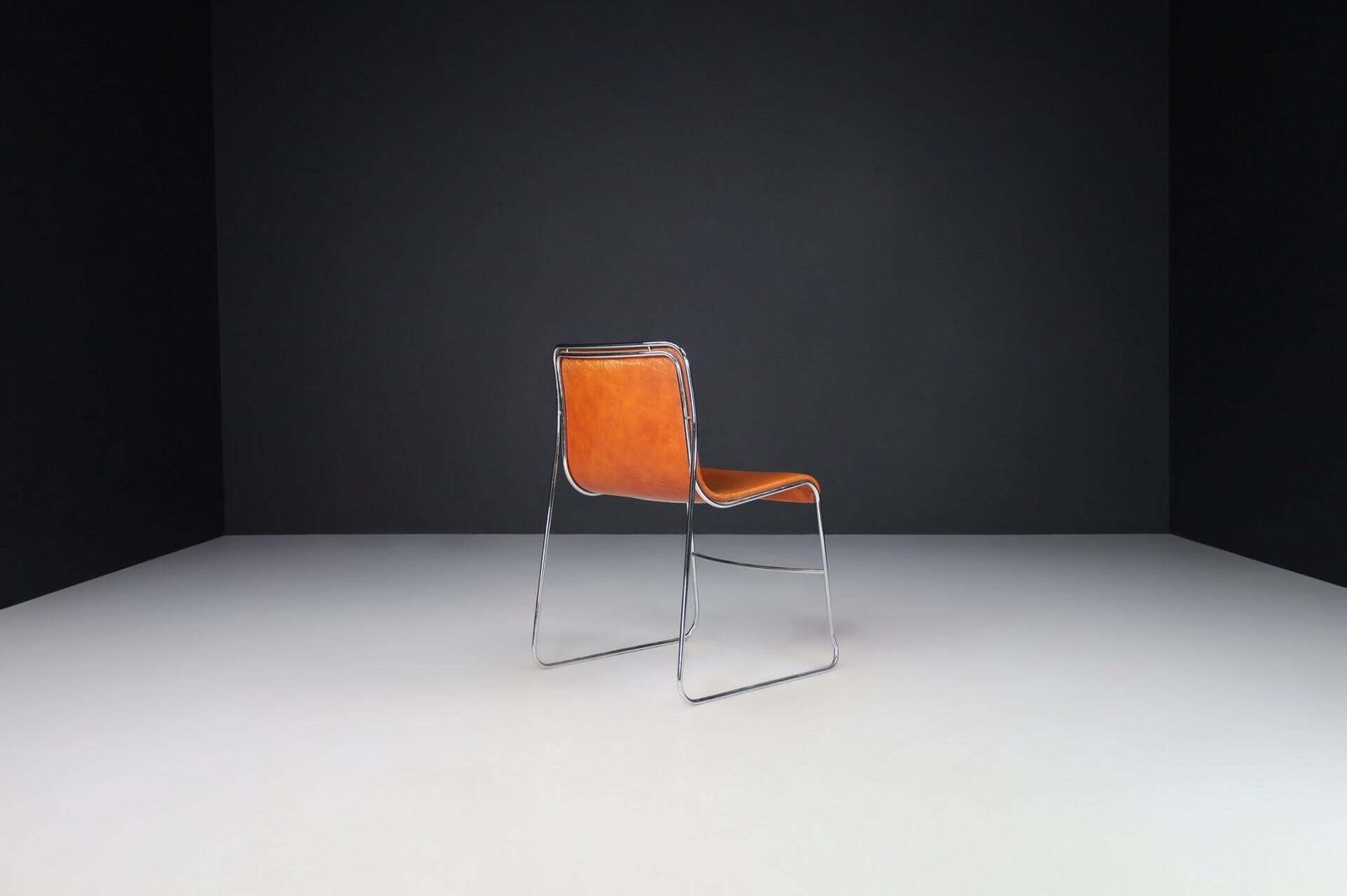 Set Of 4 Mid Century Modern Cognac Leather & Steel Dining Chairs, Italy, 1970s photo Furniture