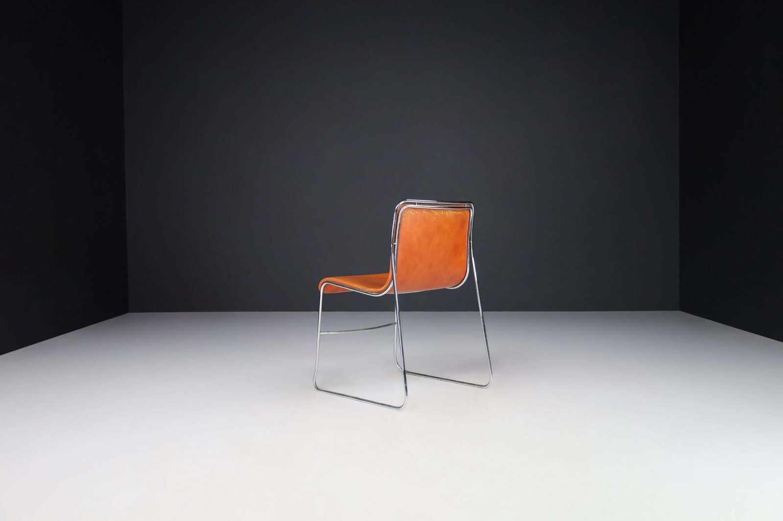 Set Of 4 Mid Century Modern Cognac Leather & Steel Dining Chairs, Italy, 1970s photo vinterior