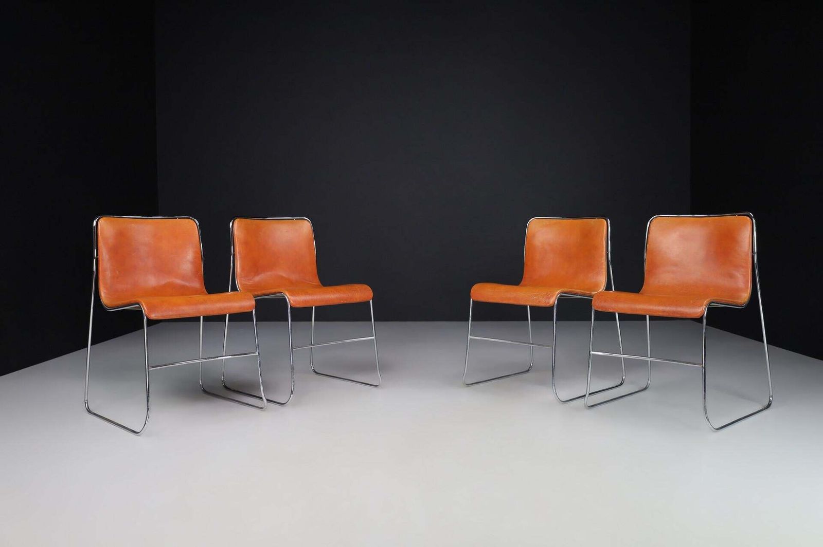 photo buy Set Of 4 Mid Century Modern Cognac Leather & Steel Dining Chairs, Italy, 1970s