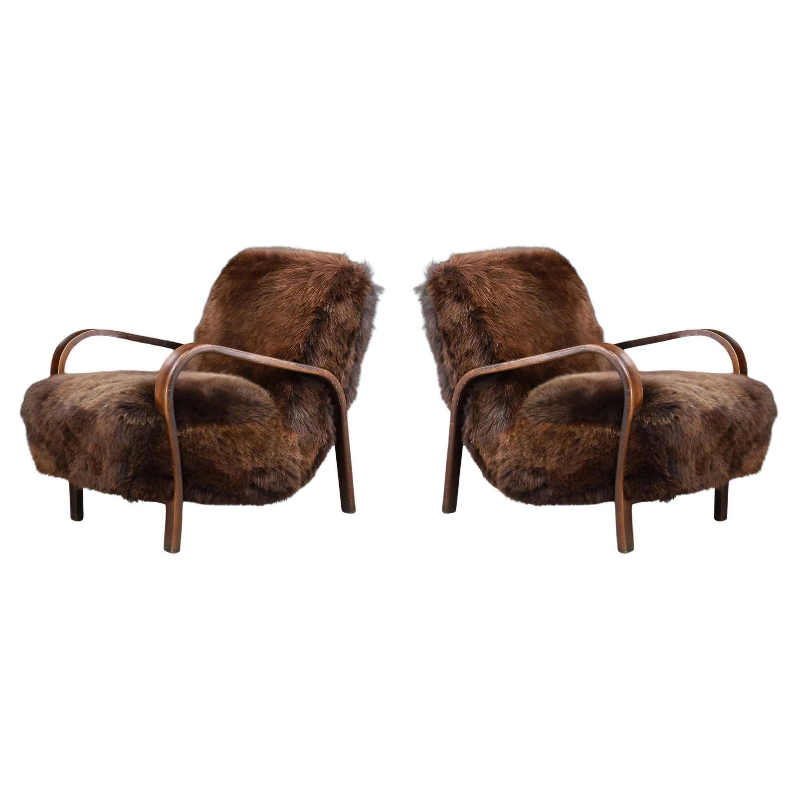 1940s Kozelka & Kropacek Armchairs In Texel Sheepskin & Brown Patinated Frame