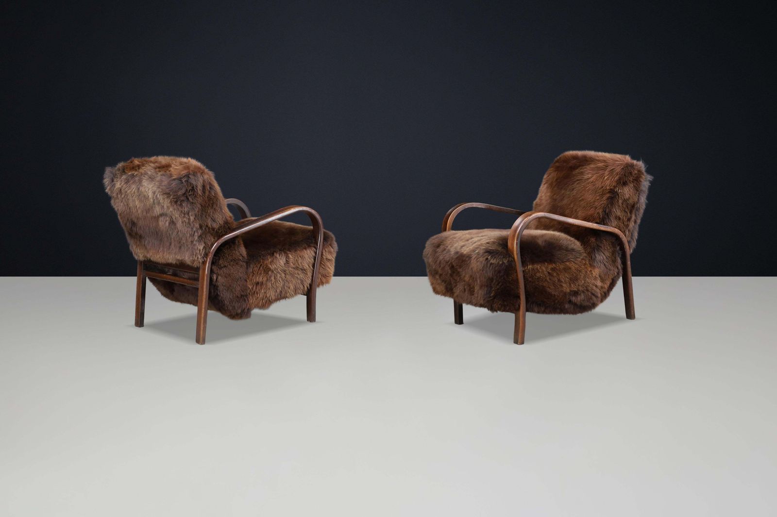 1940s Kozelka & Kropacek Armchairs In Texel Sheepskin & Brown Patinated Frame photo Furniture