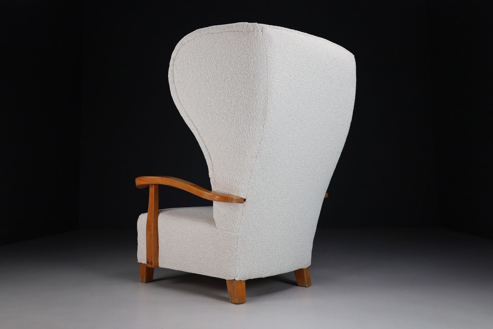 Xxl Monumental Wingback Armchair In Walnut And Bouclé Fabric, France 1930s photo for sale