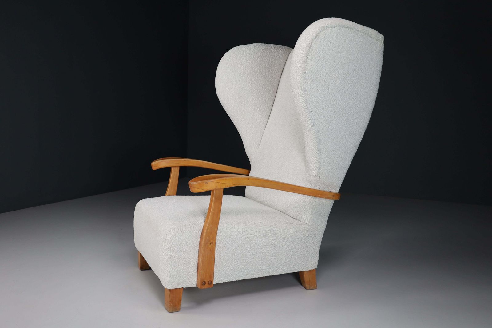 photo furniture Xxl Monumental Wingback Armchair In Walnut And Bouclé Fabric, France 1930s