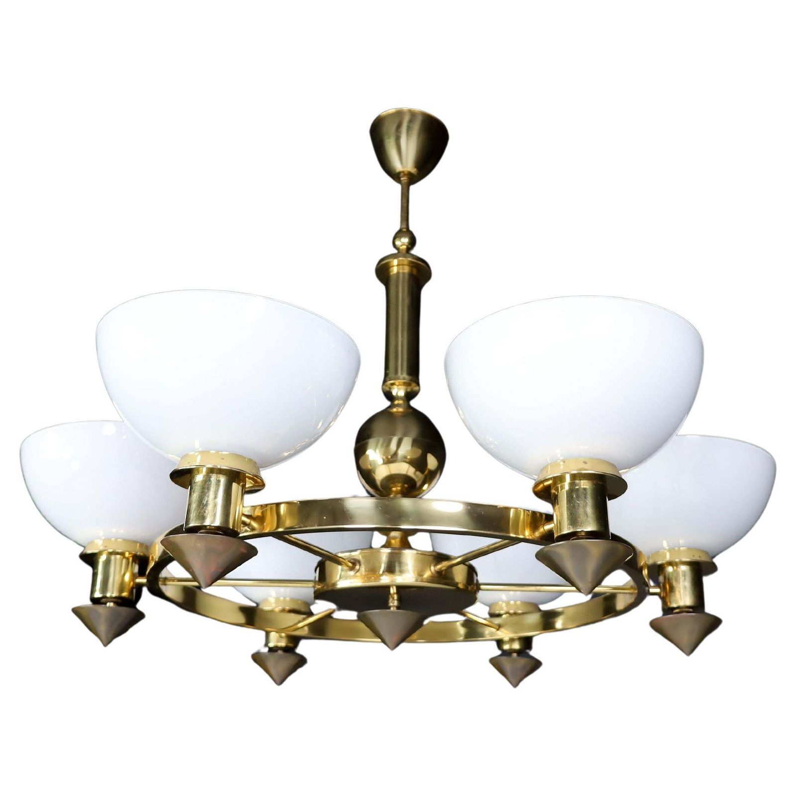 Xl Brass And White Opaline Glass Chandeliers, Italy, 1970s