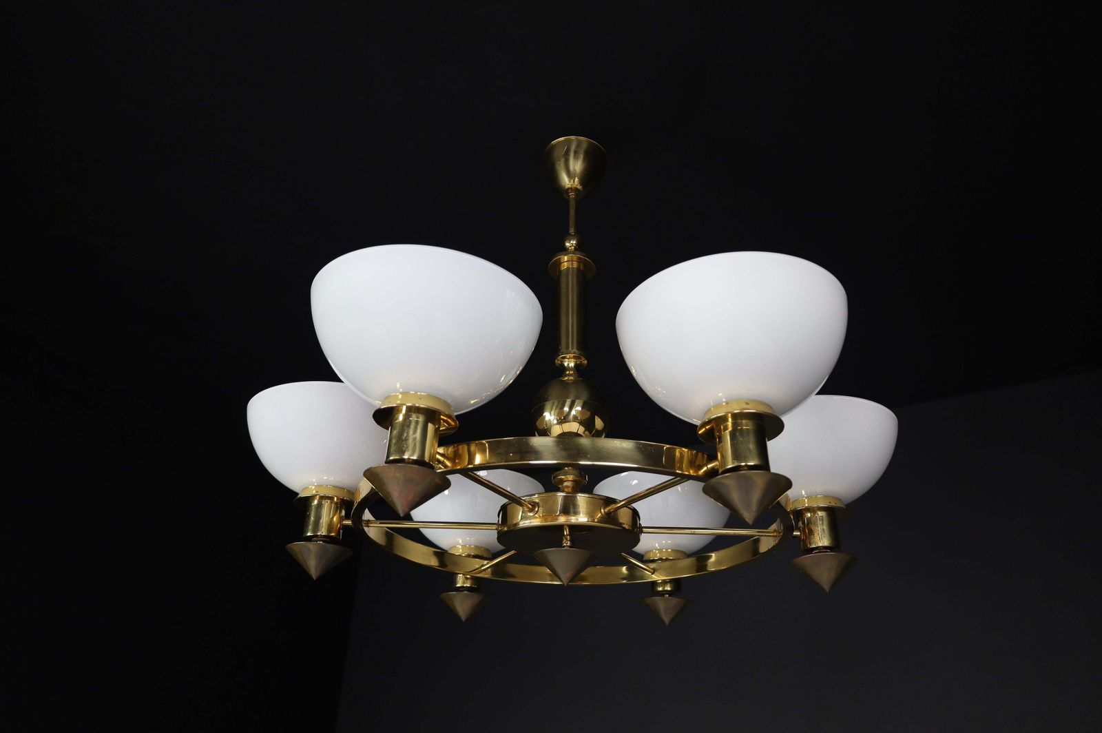 Xl Brass And White Opaline Glass Chandeliers, Italy, 1970s photo furniture