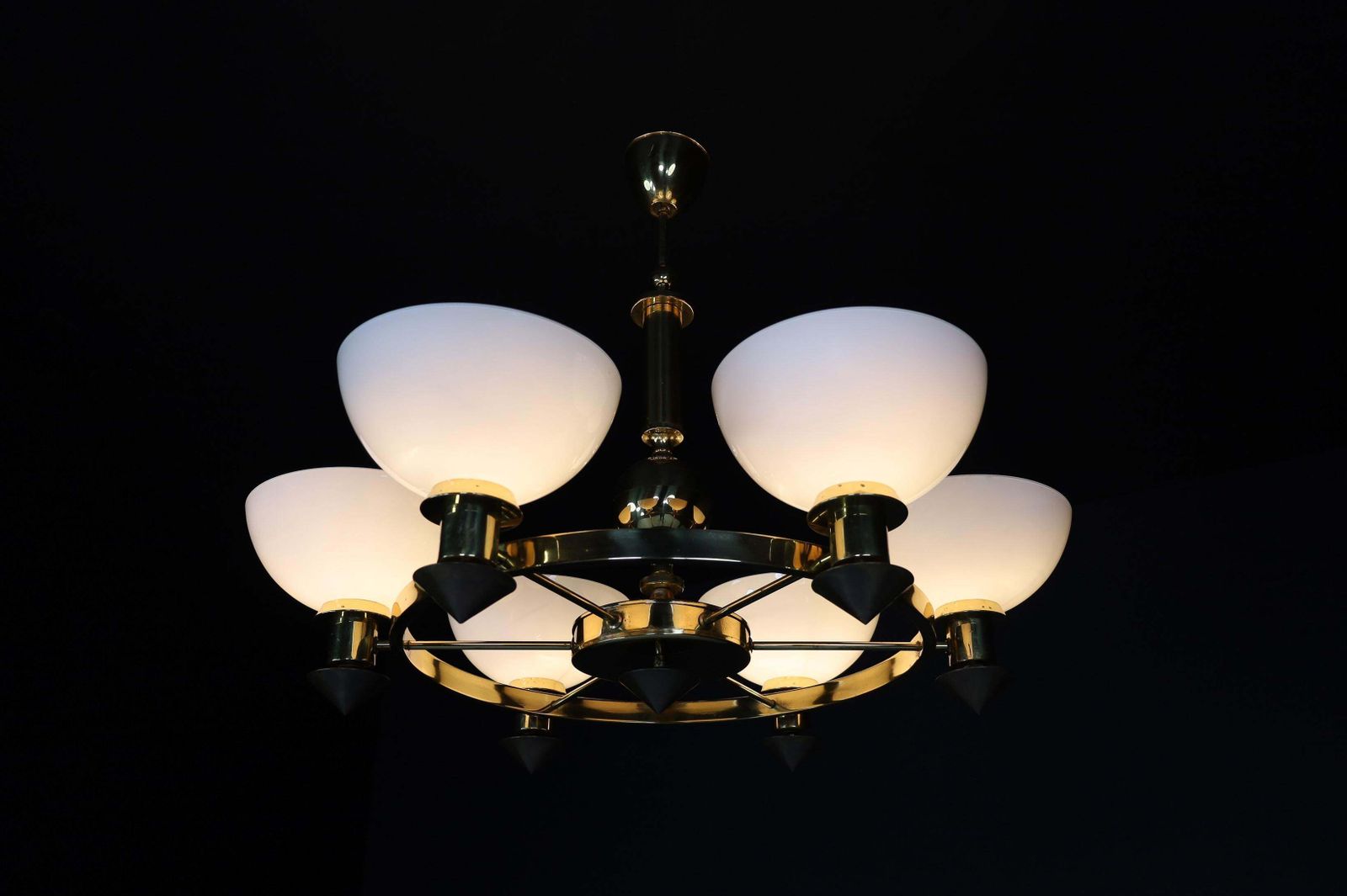 Xl Brass And White Opaline Glass Chandeliers, Italy, 1970s photo Lighting