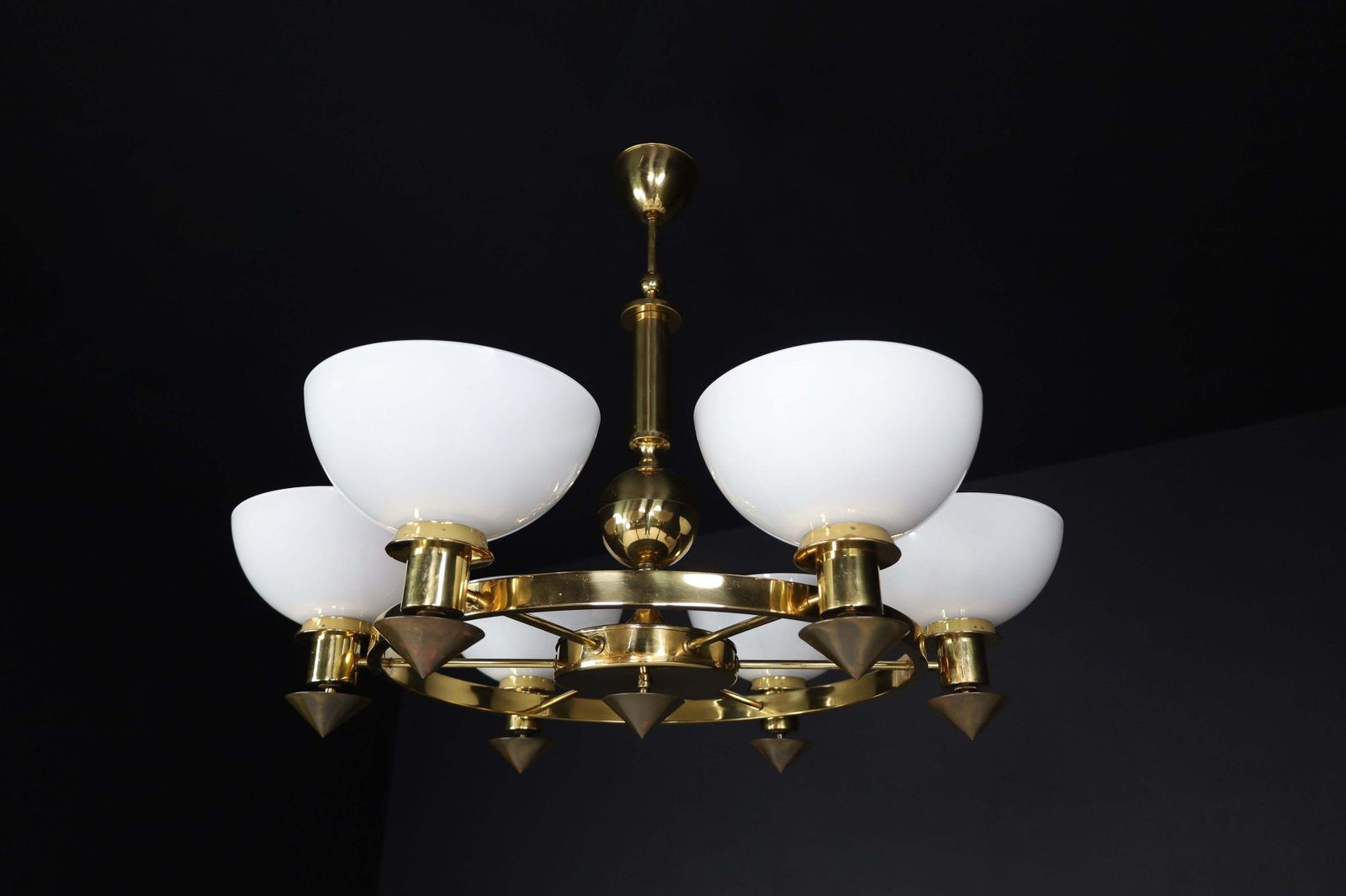 Xl Brass And White Opaline Glass Chandeliers, Italy, 1970s photo vinterior