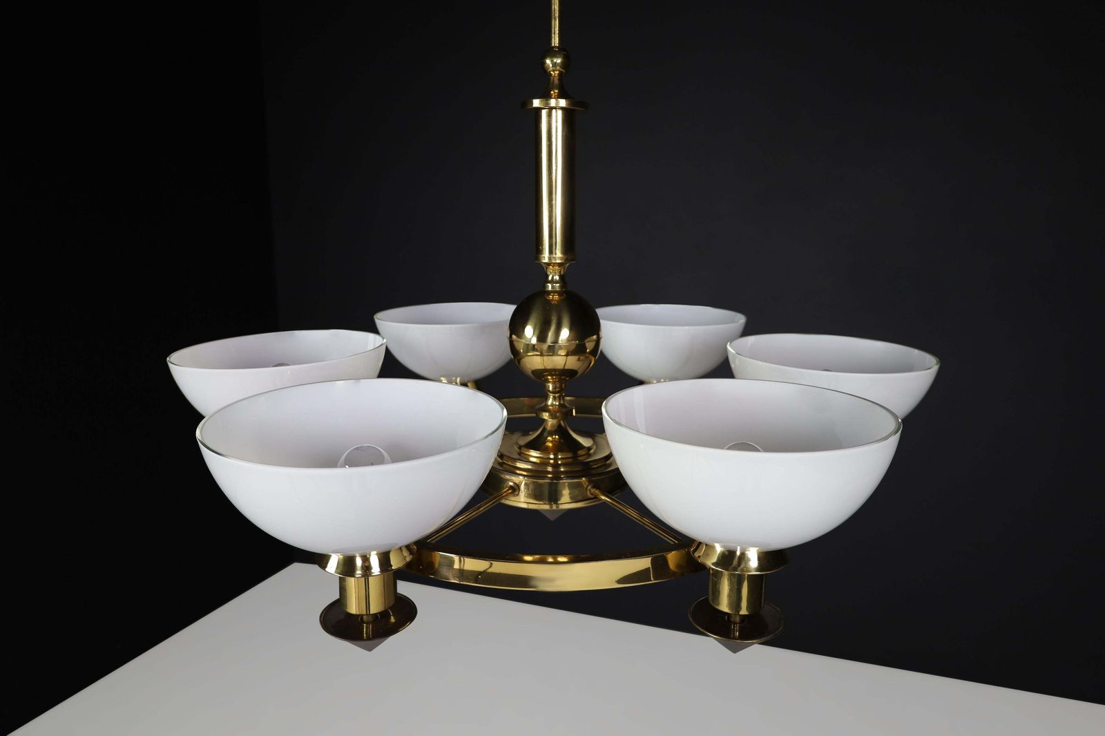 photo for sale Xl Brass And White Opaline Glass Chandeliers, Italy, 1970s