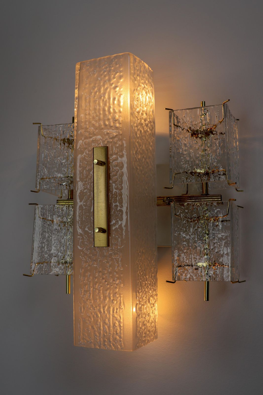 1 Of 8 Midcentury Wall Lights With Structured Glass And Brass, Europe, 1970s photo vinterior