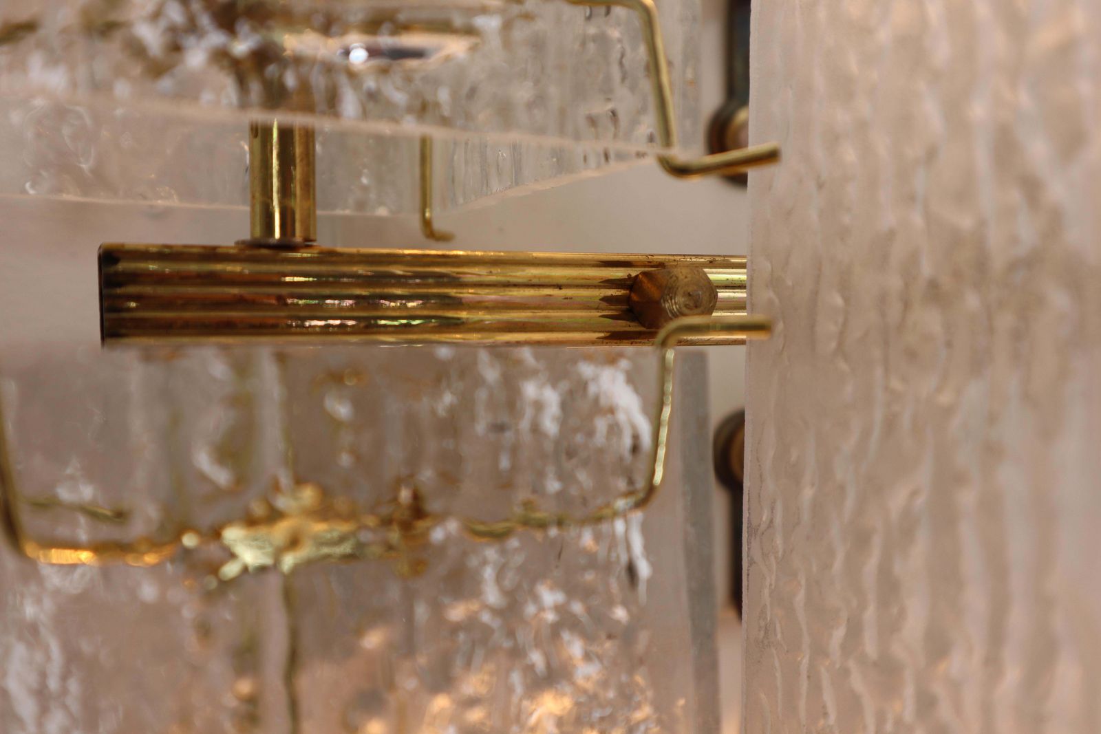 photo for sale 1 Of 8 Midcentury Wall Lights With Structured Glass And Brass, Europe, 1970s