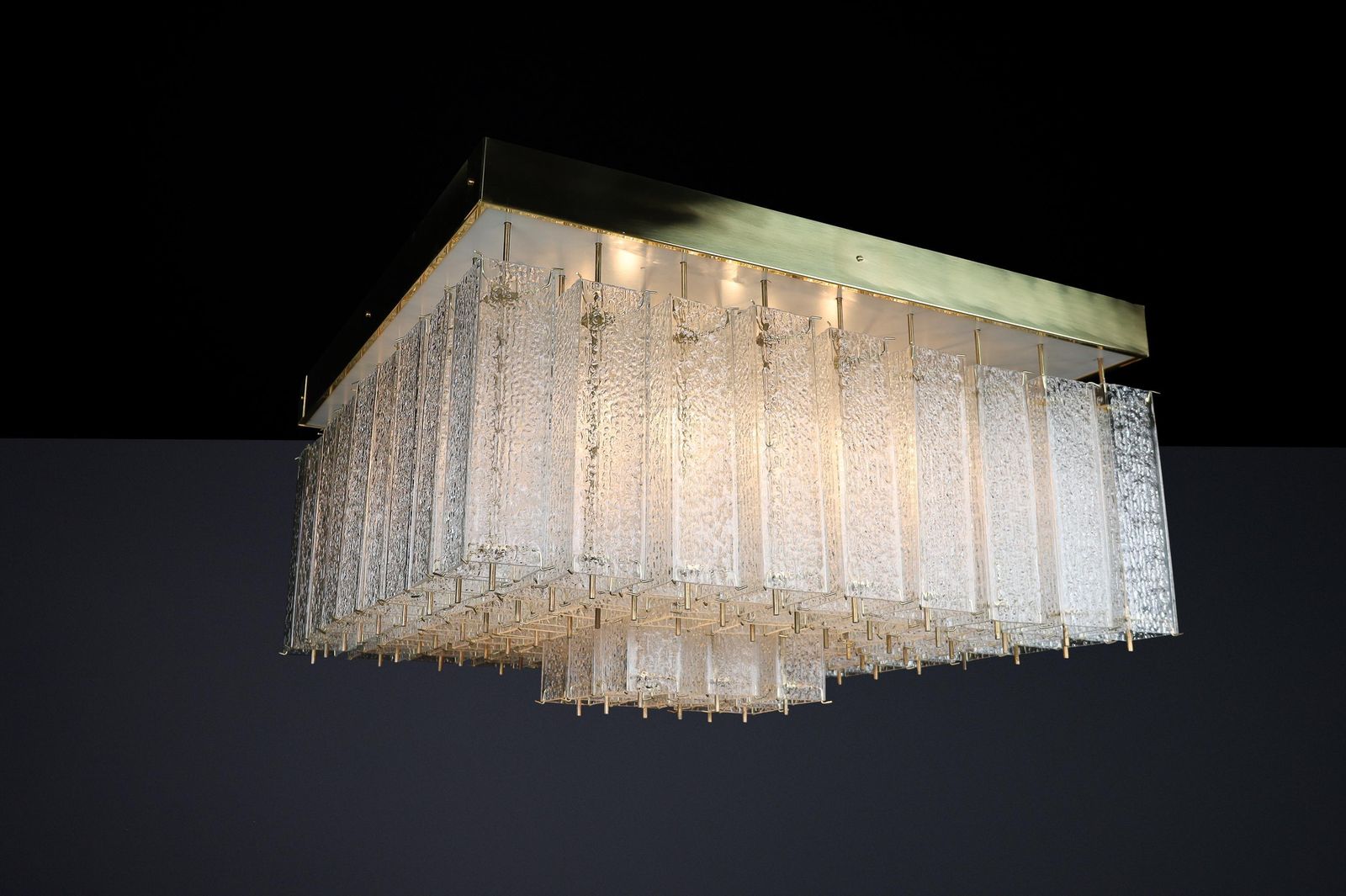 Monumental 1960s Bohemian Flush Mount Chandelier In Textured Glass And Brass. photo furniture