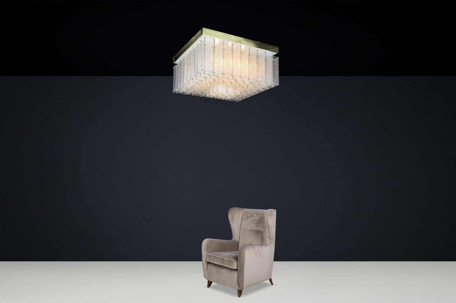 Monumental 1960s Bohemian Flush Mount Chandelier In Textured Glass And Brass. photo Lighting