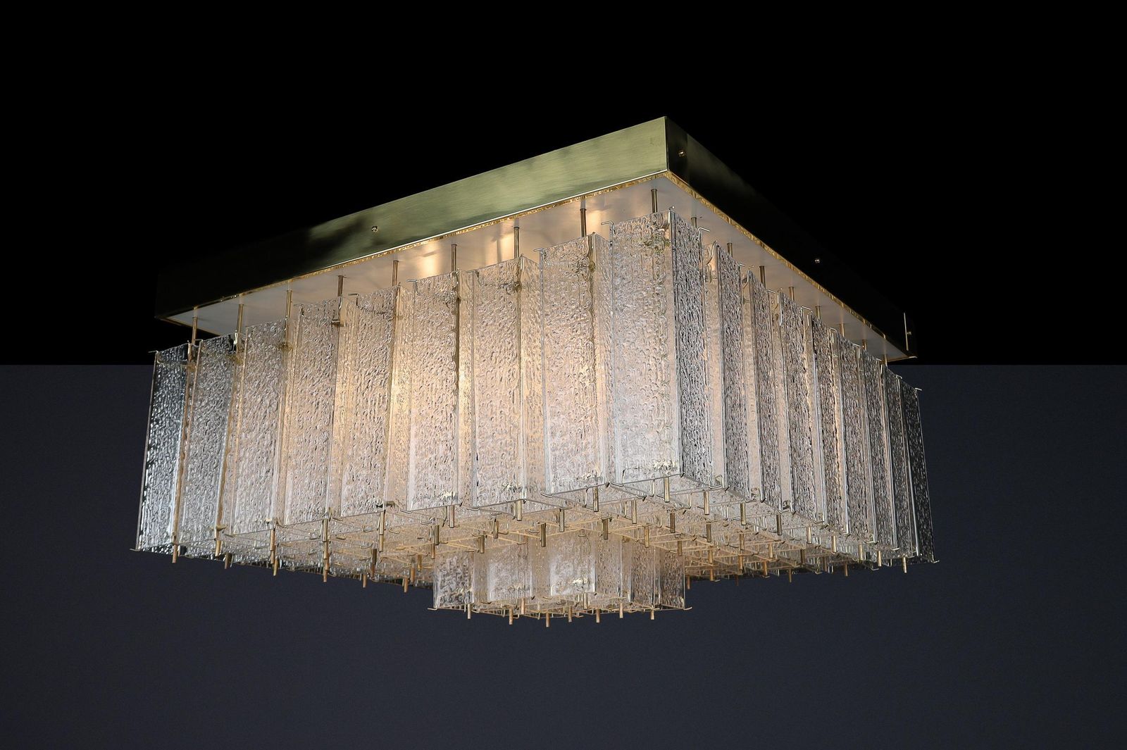 Monumental 1960s Bohemian Flush Mount Chandelier In Textured Glass And Brass. photo vintage