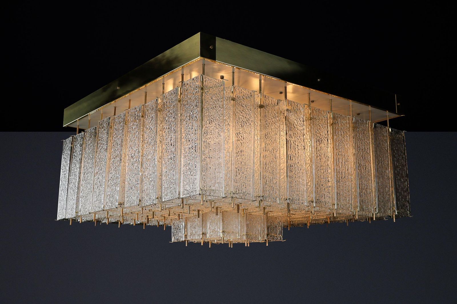 photo for sale Monumental 1960s Bohemian Flush Mount Chandelier In Textured Glass And Brass.