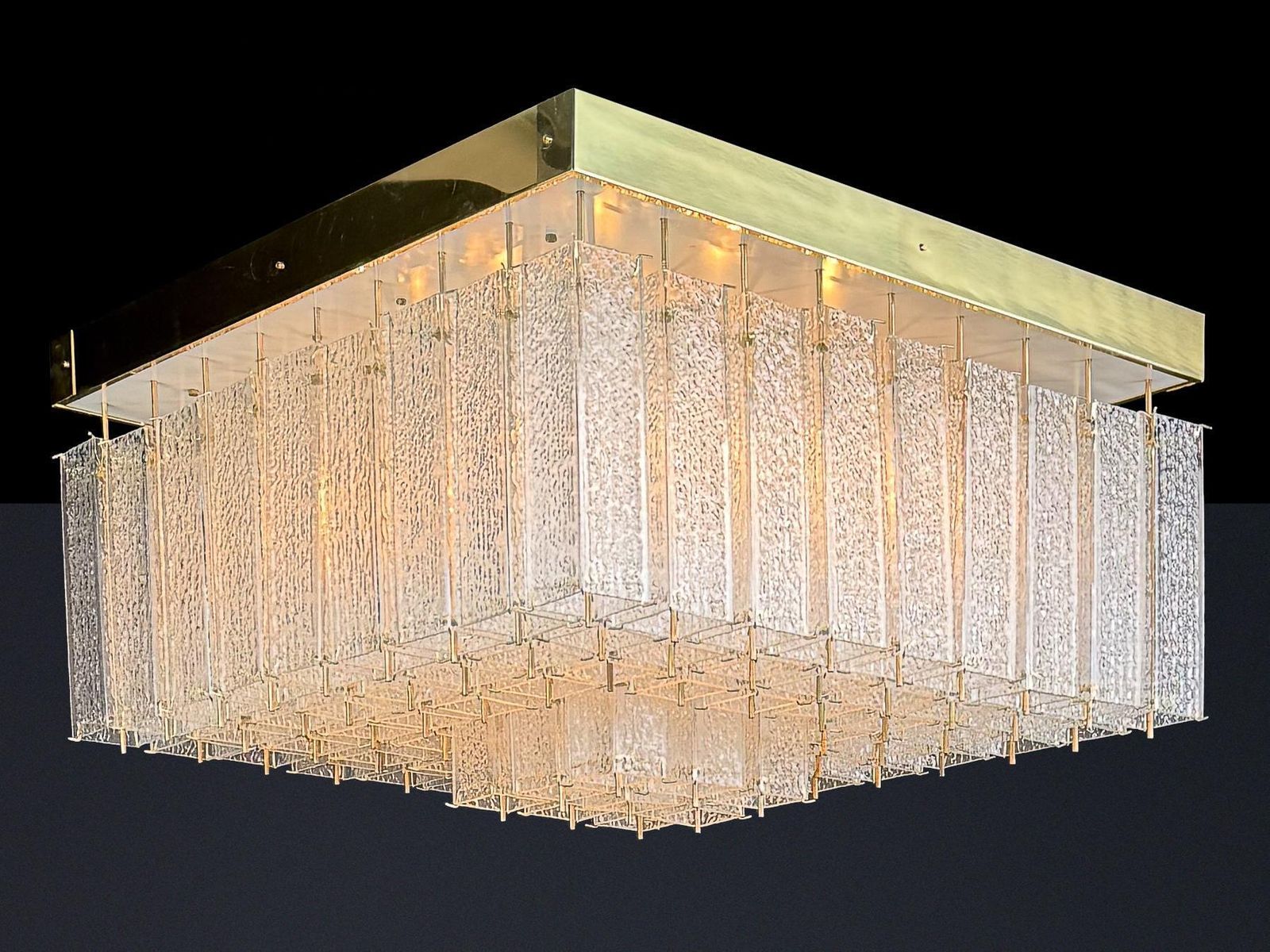 Lighting Monumental 1960s Bohemian Flush Mount Chandelier In Textured Glass And Brass. photo