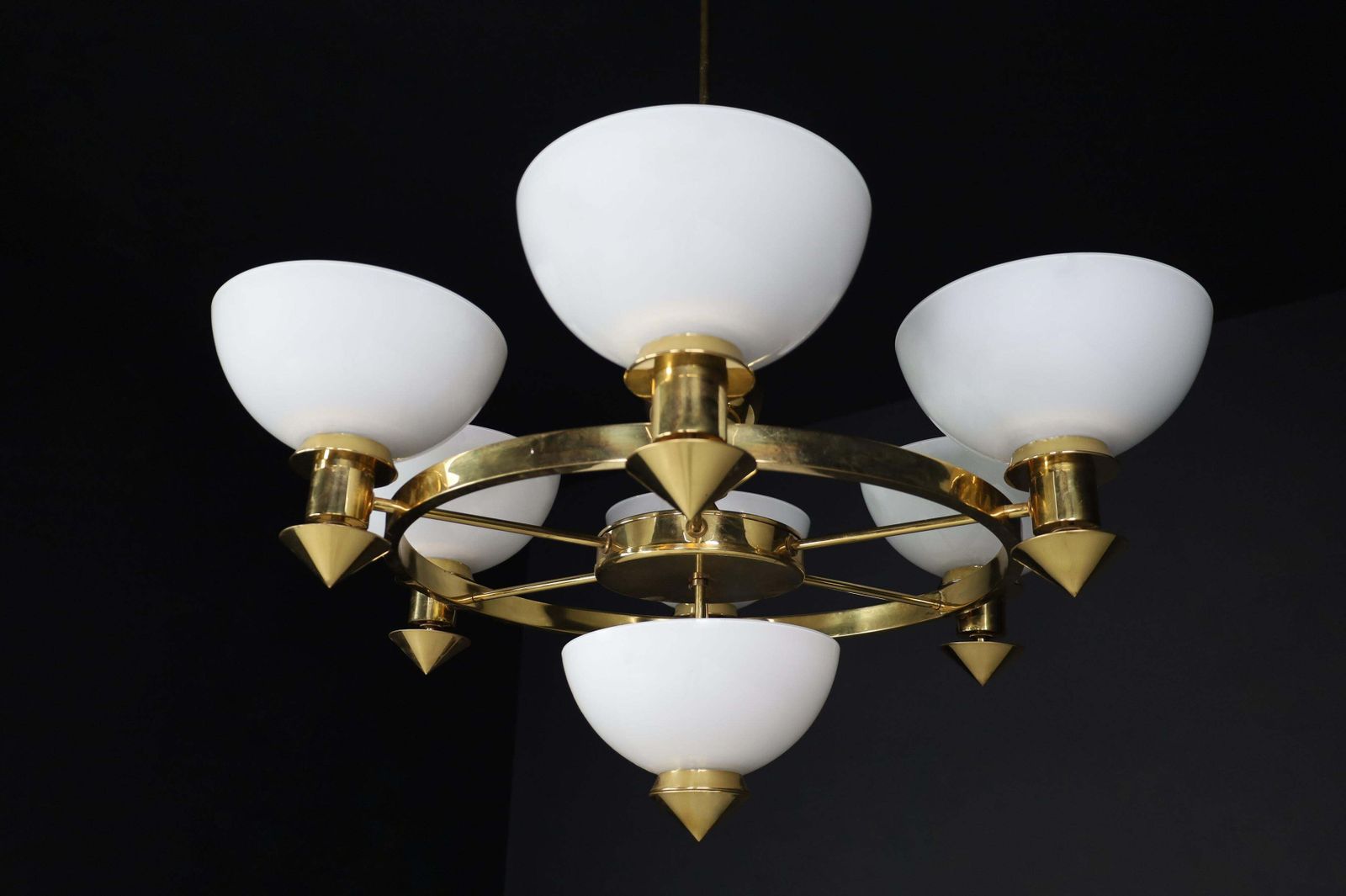 Sculptural Italian Xl Chandelier, Brass & Opaline Glass, 1970s photo furniture