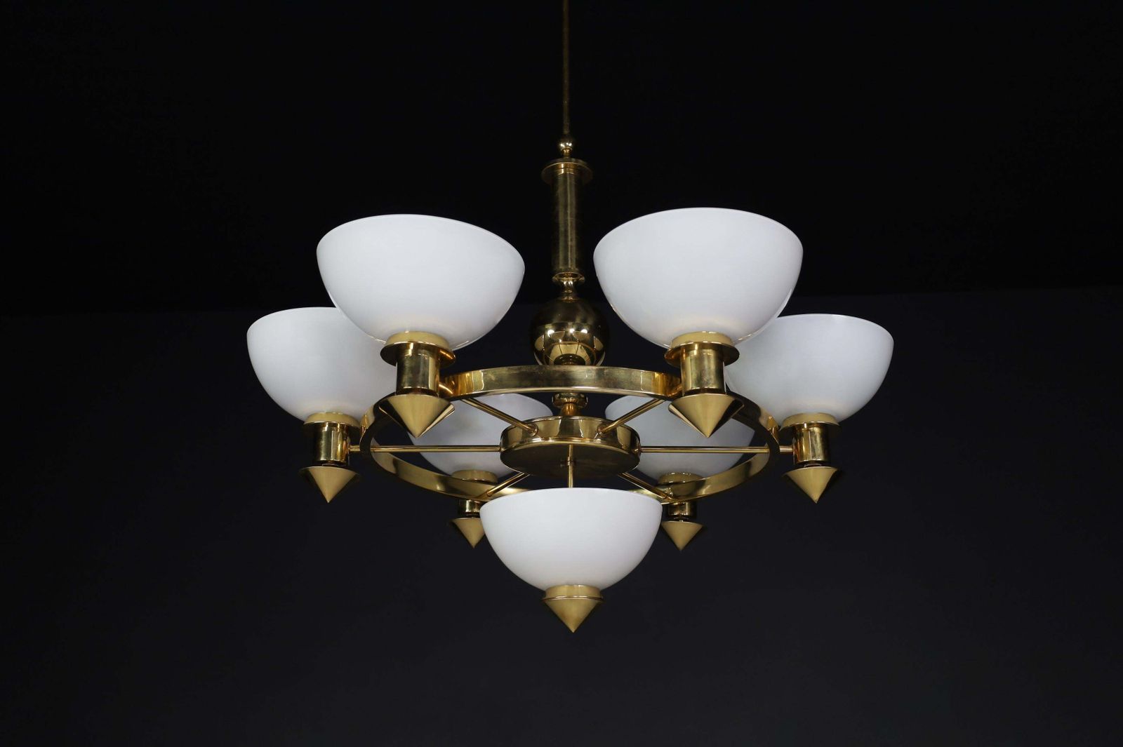 Sculptural Italian Xl Chandelier, Brass & Opaline Glass, 1970s photo for sale