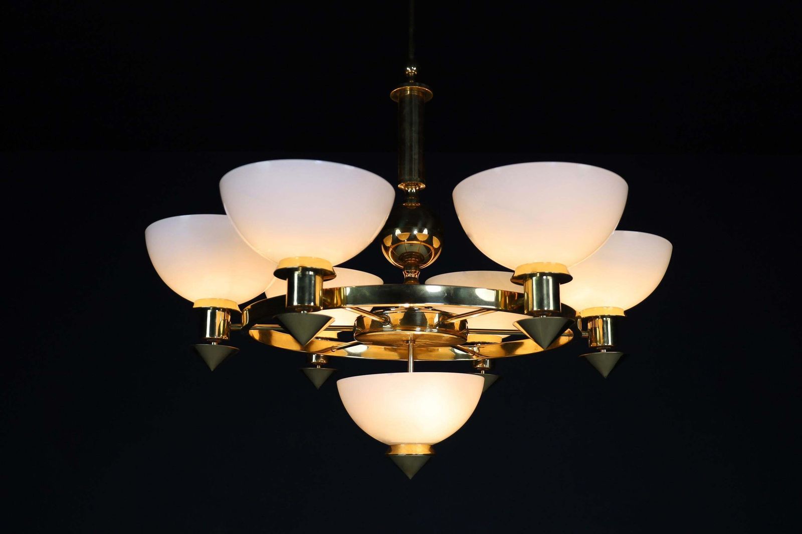 photo buy Sculptural Italian Xl Chandelier, Brass & Opaline Glass, 1970s