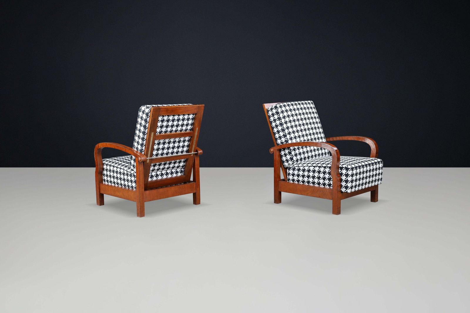 1930s Czech Art Deco Walnut Reclining Armchairs With Houndstooth Upholstery. photo Furniture