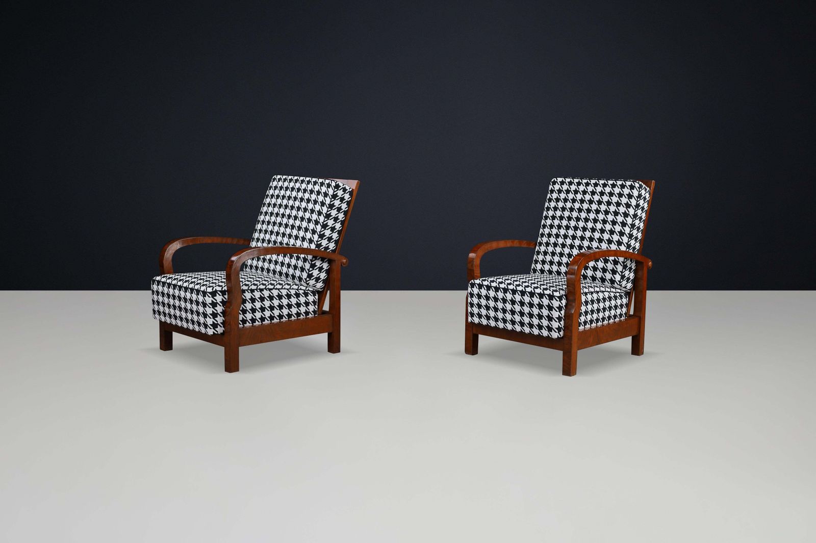 1930s Czech Art Deco Walnut Reclining Armchairs With Houndstooth Upholstery. photo 6031.0