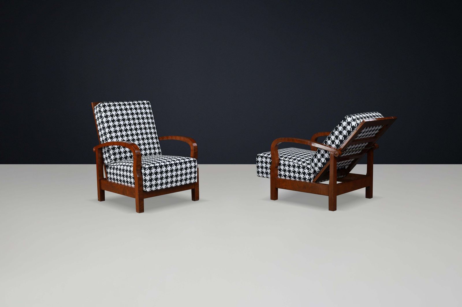 photo furniture 1930s Czech Art Deco Walnut Reclining Armchairs With Houndstooth Upholstery.
