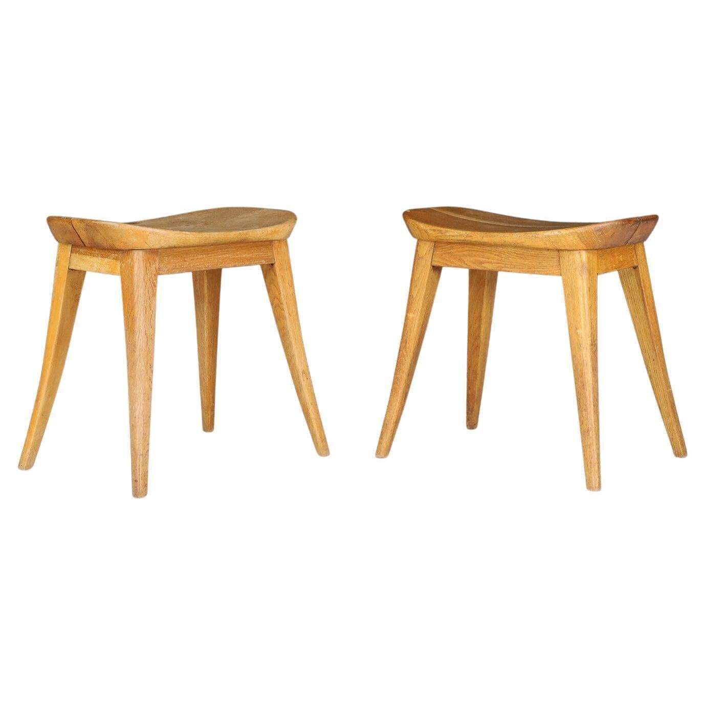 Pair Oak Coffee Bean Stools In Oak, France 1950s