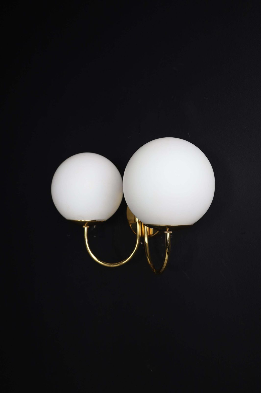 Elegant Sconces With Brass Fixtures And Opaline Glass Globes, Italy, 1960s photo for sale